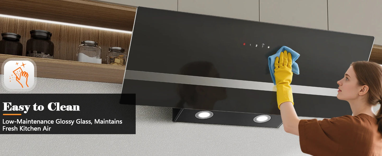 90cm Wall-Mounted Range Hood – A+++ Energy Class, 400m³/h, Touch Control, LED, Black Stainless Steel/Glass, 58dB