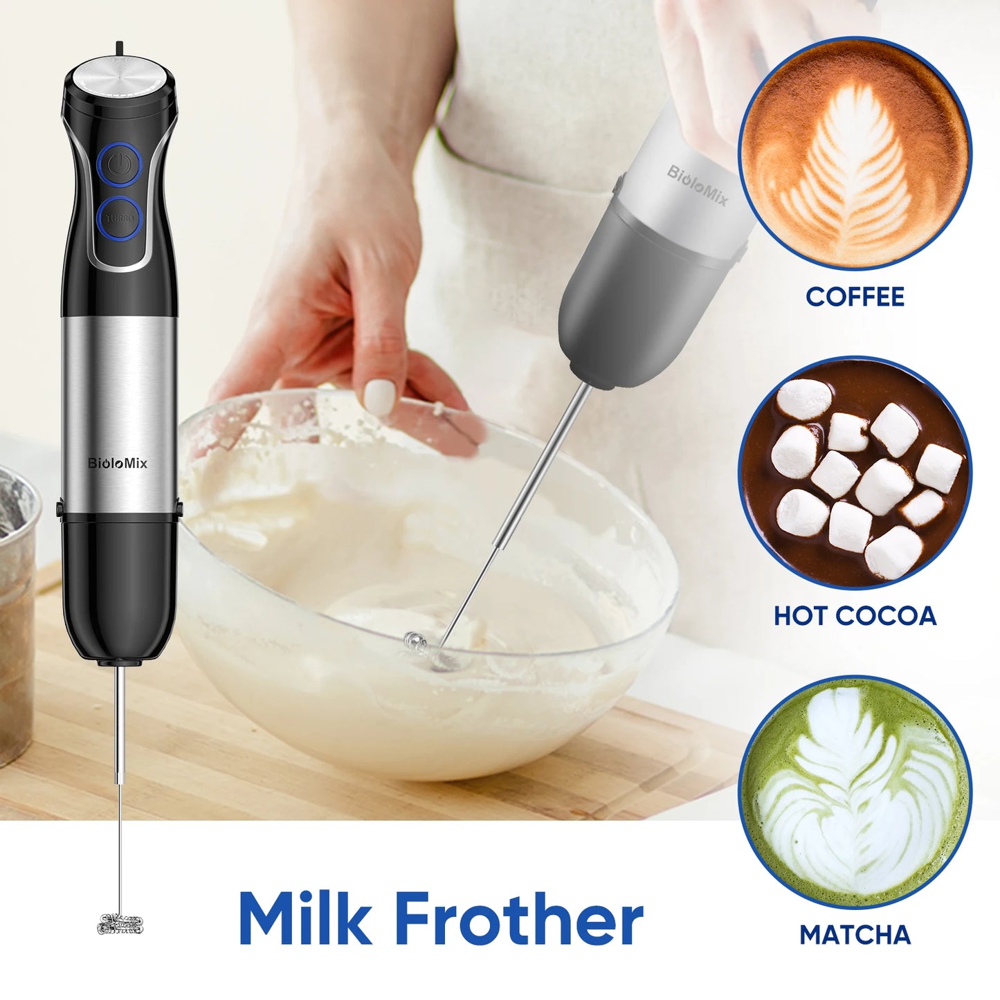 BioloMix 5-in-1 1500W Immersion Hand Blender – Stainless Steel Food Processor