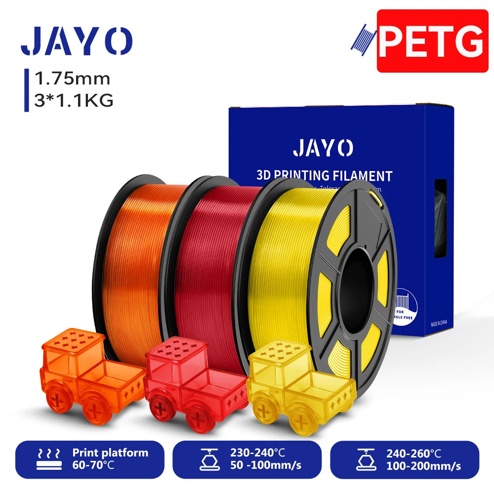 JAYO PETG/High Speed Matte PETG 3D Printing Filament 1.75MM Mix-Colors & No bubbles &Non-toxic For 3D Printer & Pen 3Rolls