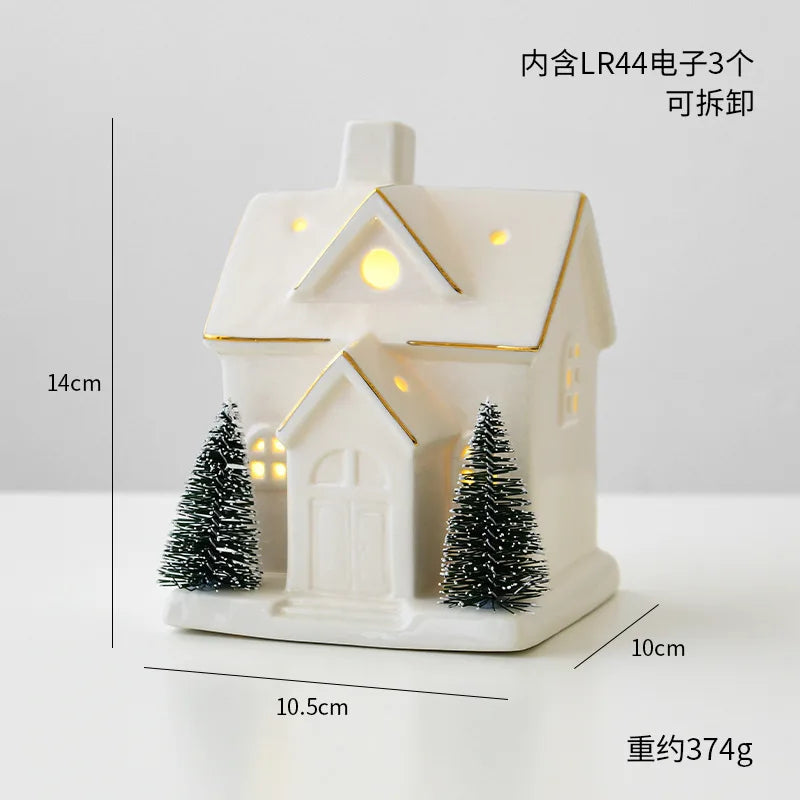 Christmas luminous snow house ceramic ornament with LED lighting, ideal as festive tabletop home decor by R.E.D. Shopping.