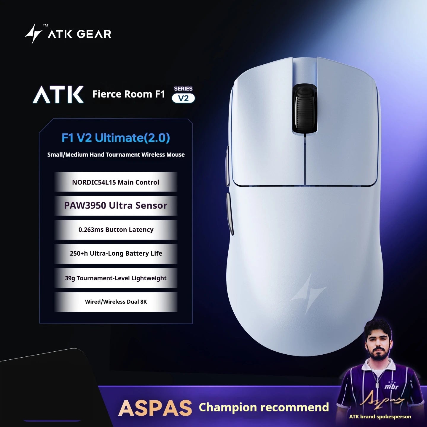 ATK F1 V2 Wireless Gaming Mouse – PAW3950, 38g Ultra-Light, 750IPS, 0.243ms Latency for FPS