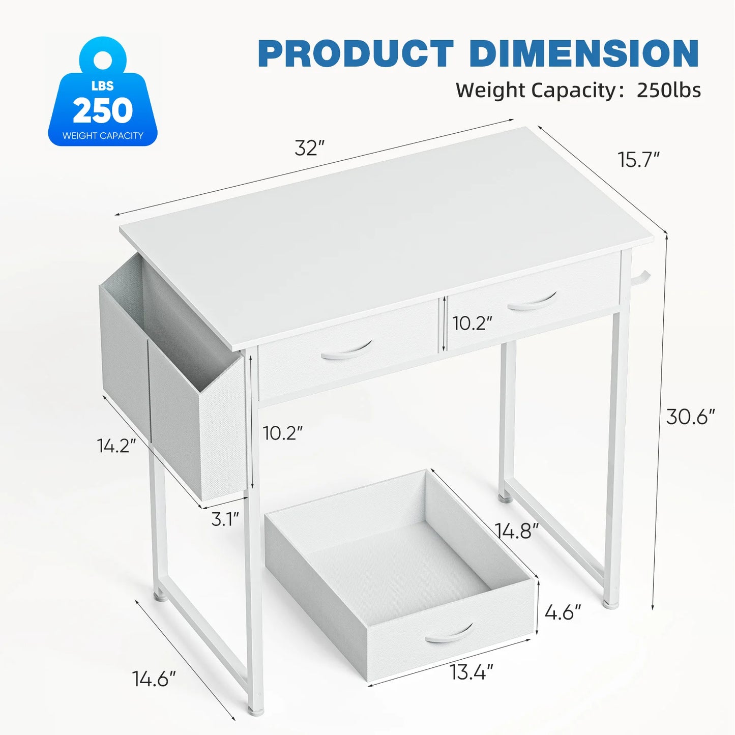 JHK 32" Computer Desk with Fabric Drawers & Side Bag | Modern Home Office