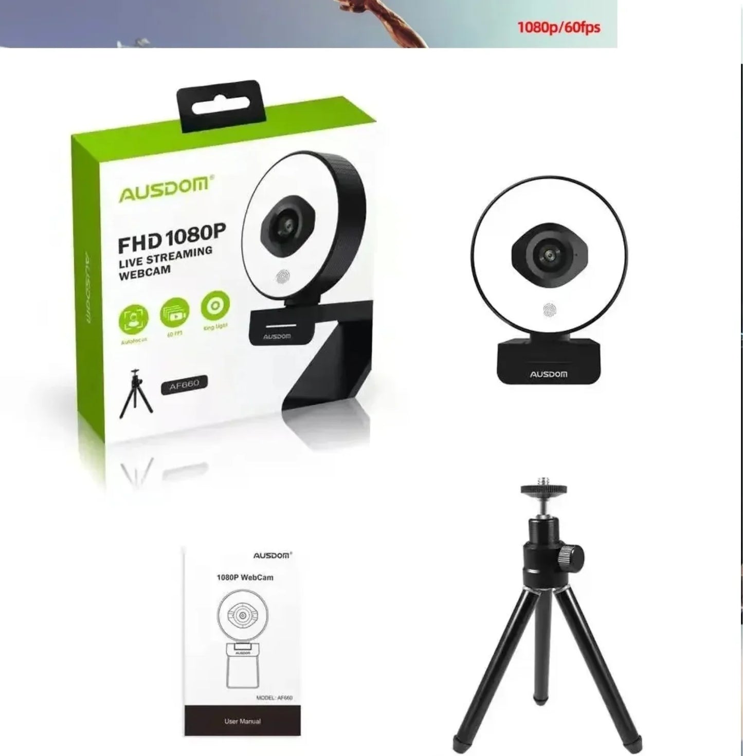 AUSDOM AF668 FHD 1080P 60FPS Webcam – Autofocus, Ring Light, Free Tripod
