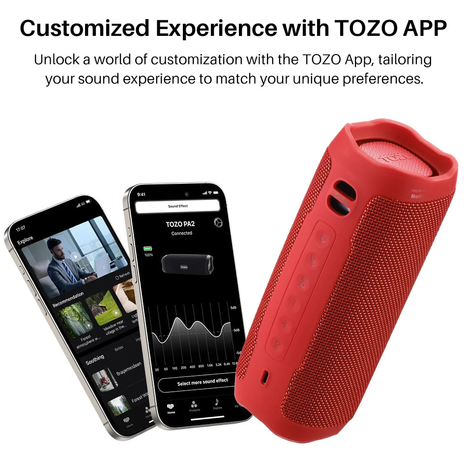 TOZO PA2 Portable Bluetooth Speaker – Deep Bass, 25H Playtime, Custom EQ App