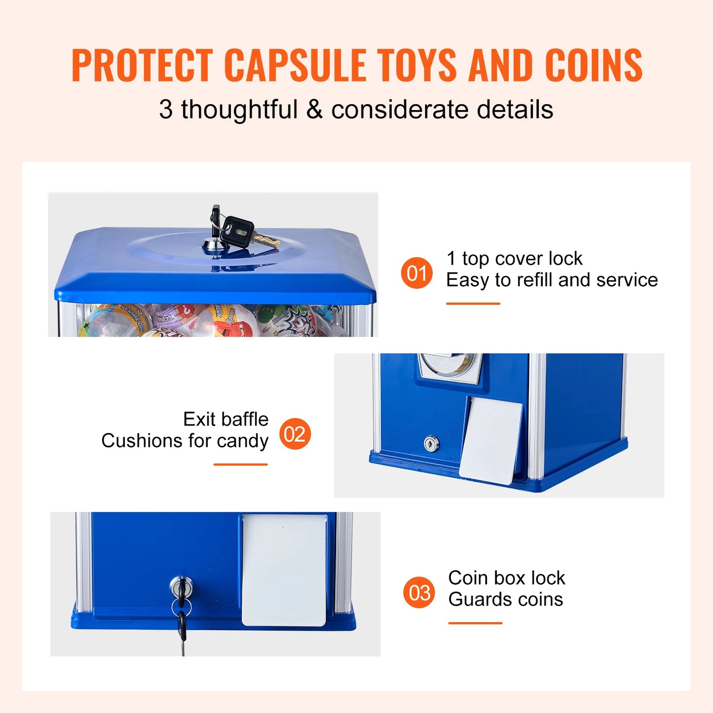 VEVOR Gumball Machine 25" – 230 Capsule Toy Vending, Coin Operated, Blue/Red