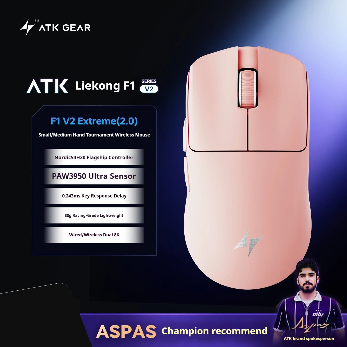 ATK F1 V2 Wireless Gaming Mouse – PAW3950, 38g Ultra-Light, 750IPS, 0.243ms Latency for FPS