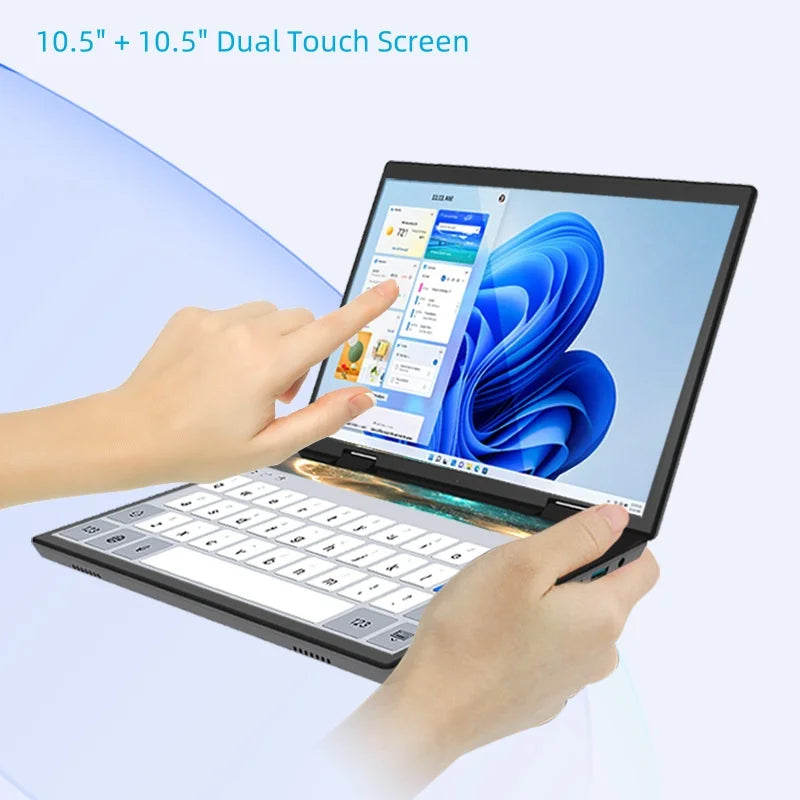 Intel N100 dual-screen laptop with 14-inch 2K touch screens, 32GB RAM, 360-degree flip metal case, 2-in-1 design.