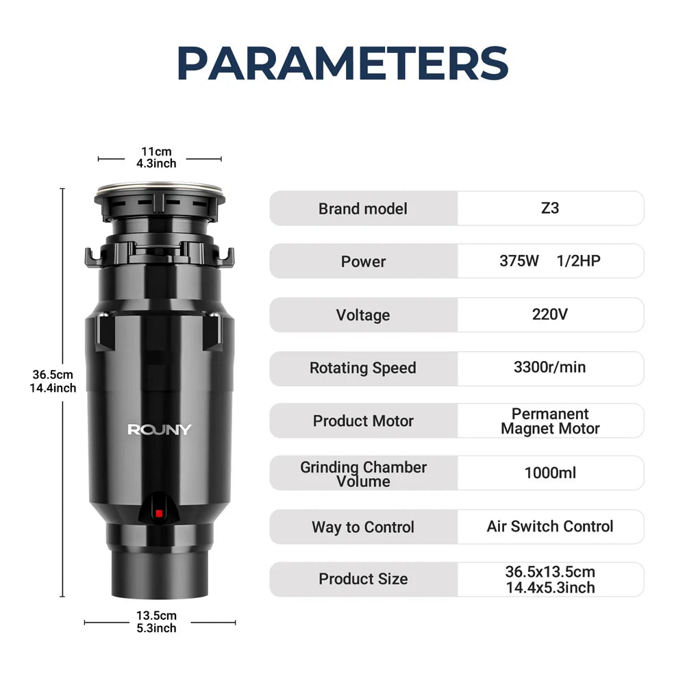 ROUNY 1/2 HP Continuous Feed Garbage Disposal with Sound Reduction – EU Plug