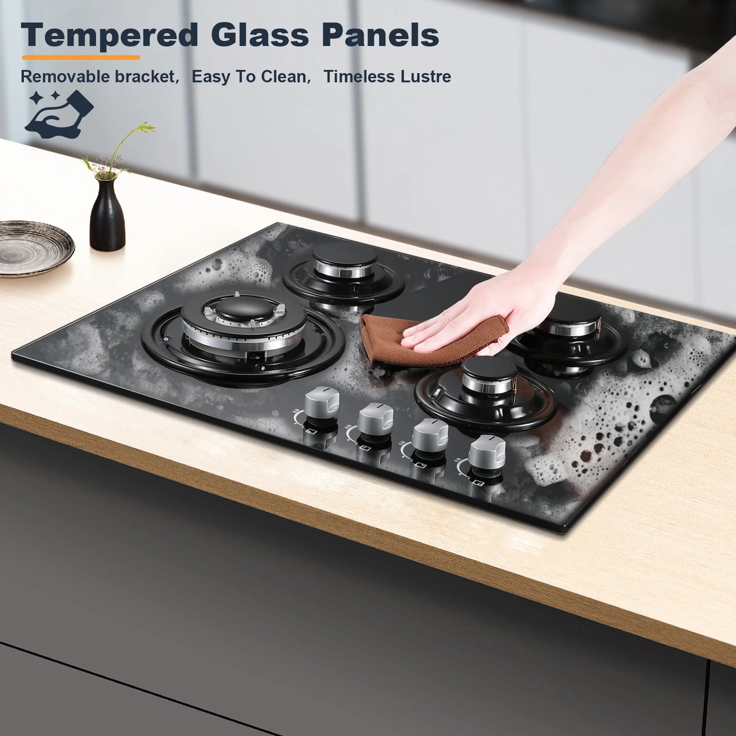 TopStrong 60cm 4-Burner Built-In Gas Hob – Black Tempered Glass, 8060W Dual Fuel