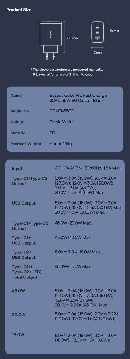 Baseus 65W GaN USB-C Charger | QC + PD Fast Charging for iPhone 17/16/15, Xiaomi & Laptops