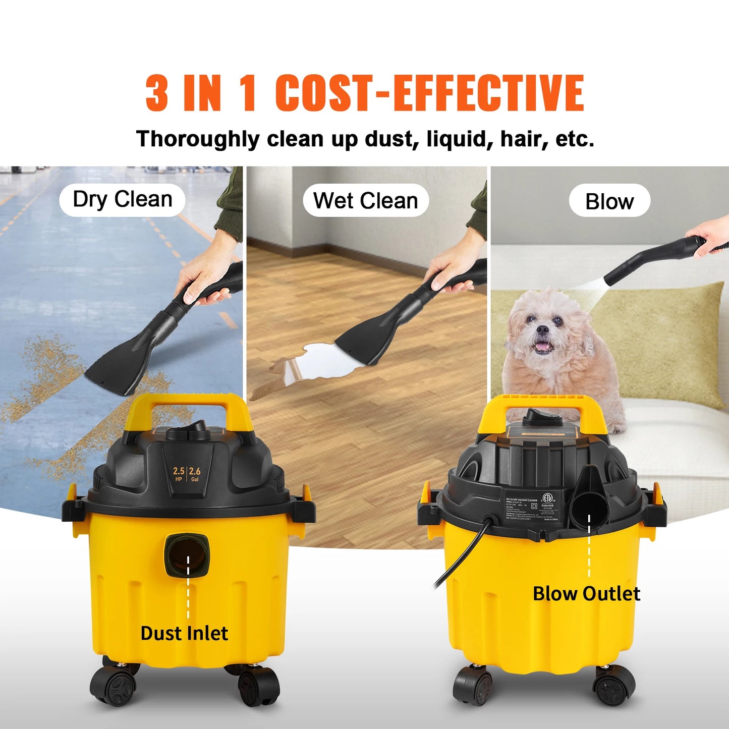 SucceBuy 2.6 Gallon Wet Dry Vac – 2.5 Peak HP, 3-in-1 Portable Shop Vacuum with Blowing Function