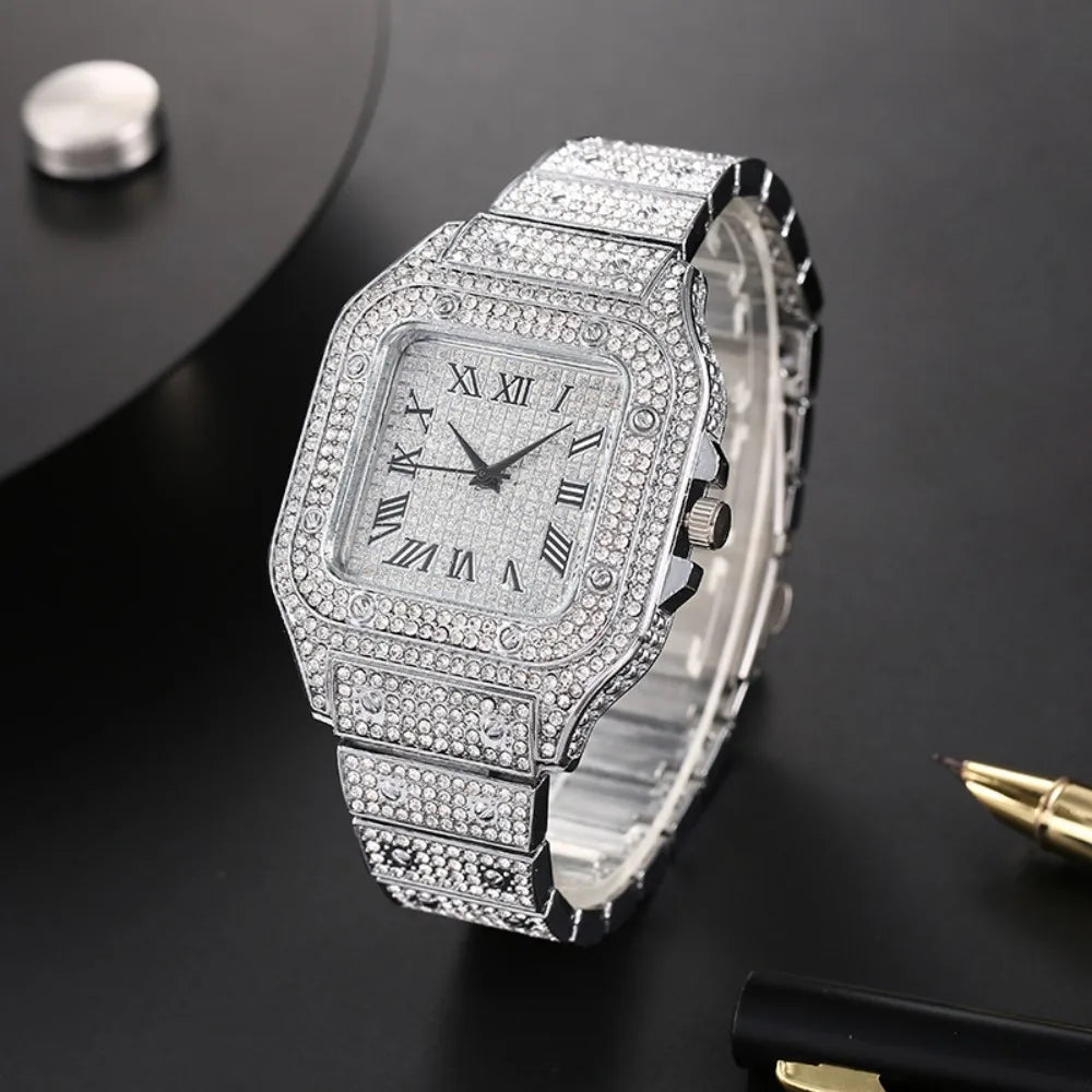 Men's luxury square rhinestone quartz watch with steel strap, stylish business wristwatch by R.E.D. Shopping.