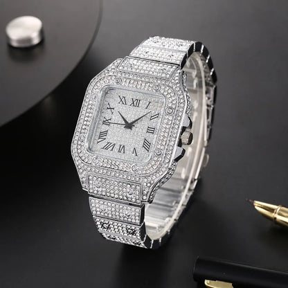 Men's luxury square rhinestone quartz watch with steel strap, stylish business wristwatch by R.E.D. Shopping.
