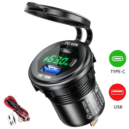 63W Aluminum USB-C Car Charger Socket – PD & QC3.0 Dual Port, 12V/24V for Car, Boat & Motorcycle