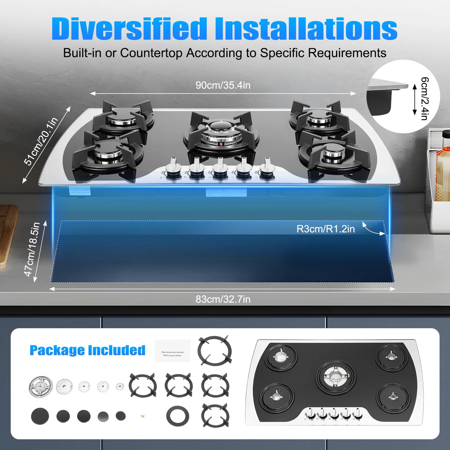 5-Burner Gas Cooktop | Al-Alloy | Tempered Glass | Built-in | Domestic & Commercial