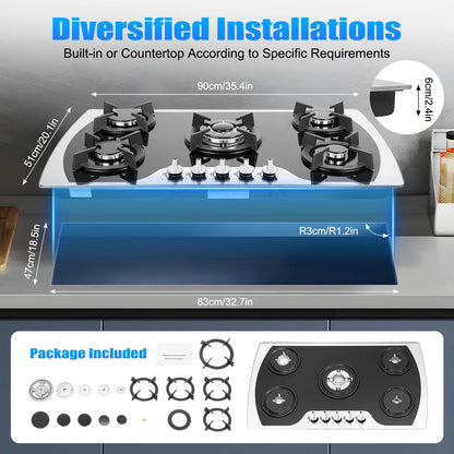 5-Burner Gas Cooktop | Al-Alloy | Tempered Glass | Built-in | Domestic & Commercial