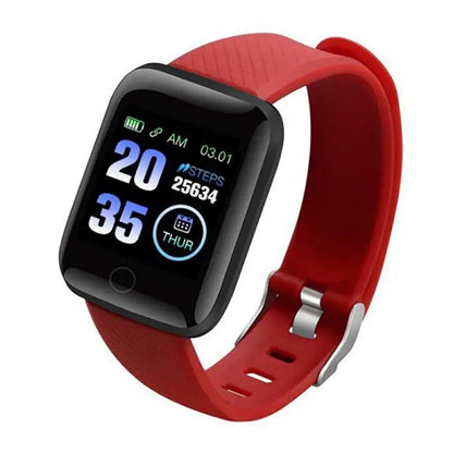 R.E.D. Shopping 116Plus Smart Watch with full touch screen, displaying fitness stats, waterproof design, black band, electronic wearable