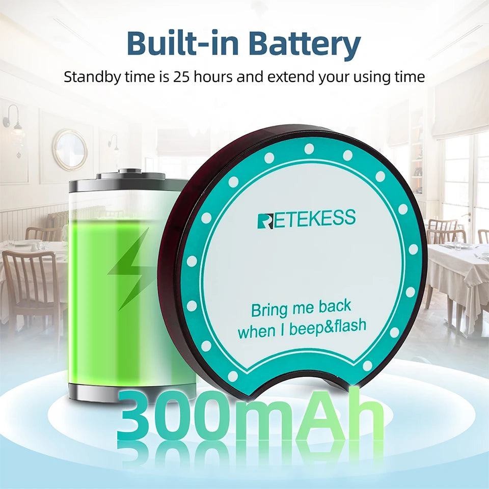 RETEKESS TD167A wireless restaurant pager system with coaster buzzers for food trucks, cafés, and hotels, showing the device and coaster.