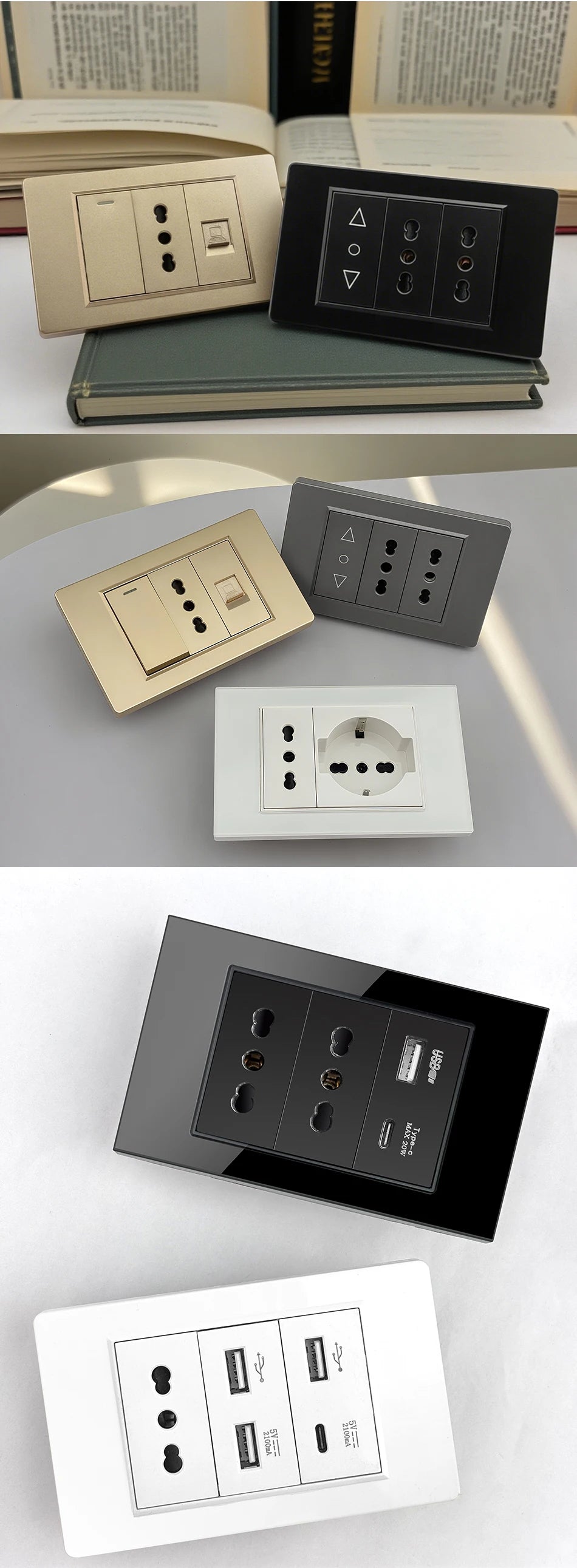 DELEFU Tempered Glass Wall Socket with USB-C Fast Charging – Schuko/Italy