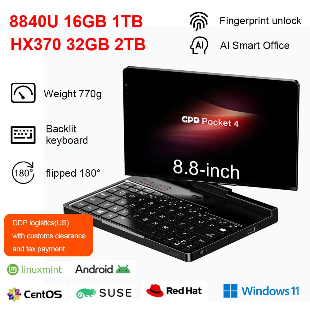 GPD Pocket 4 8.8" — AMD AI 9 HX 370, 64GB RAM, 2TB NVMe, 180° Flip, Portable Mini PC