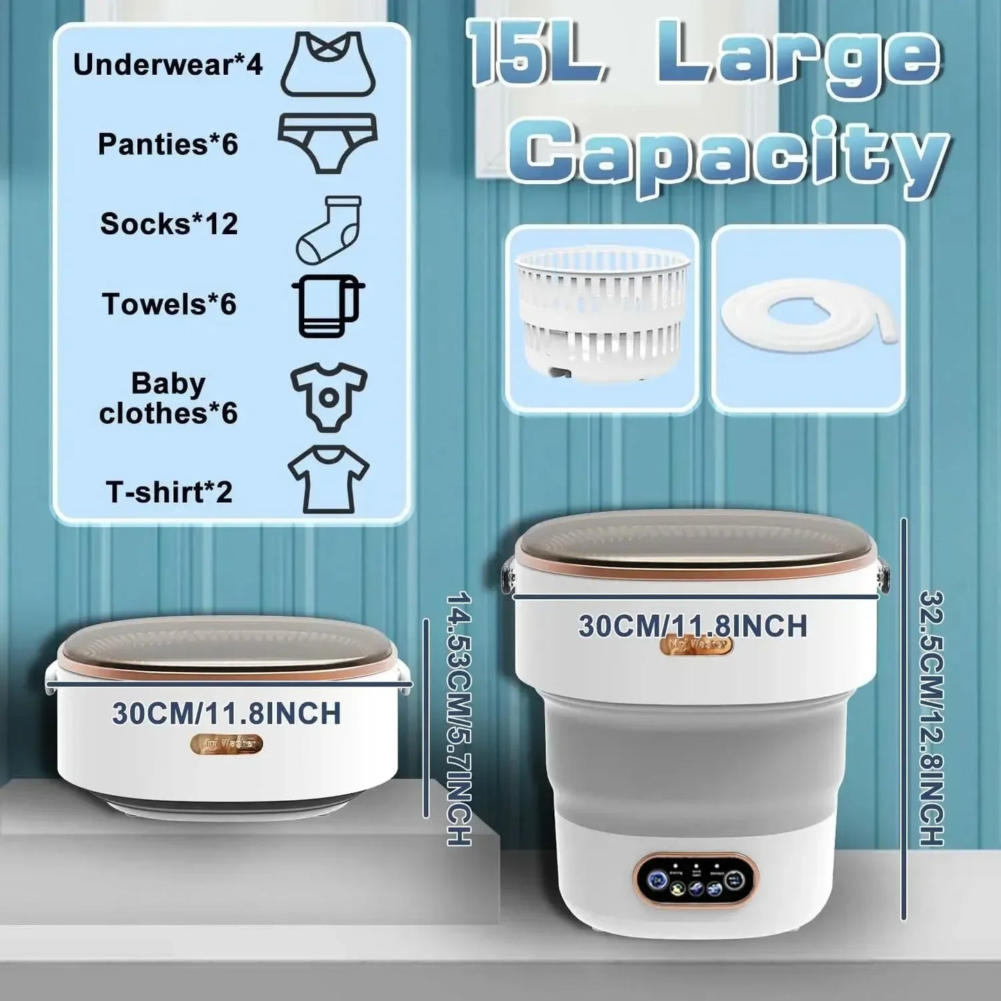 Mini Portable Washer – 15L Foldable Spin Basket for Underwear, Socks & Small Clothes