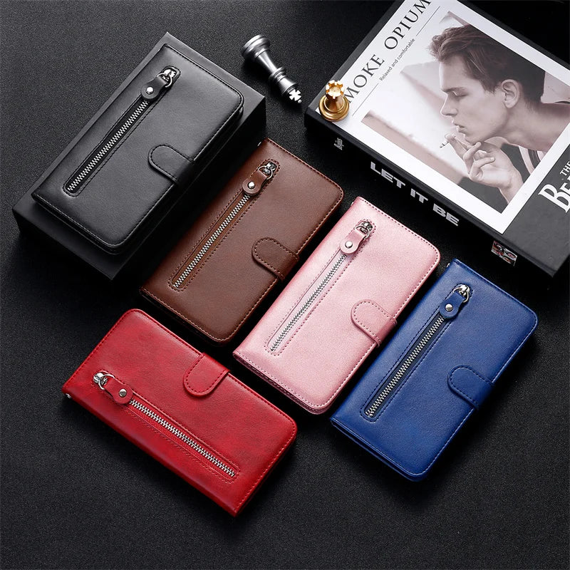 Leather iPhone 16 Plus zipper wallet case with card slots and magnetic stand, offering stylish protection for mobile phones.