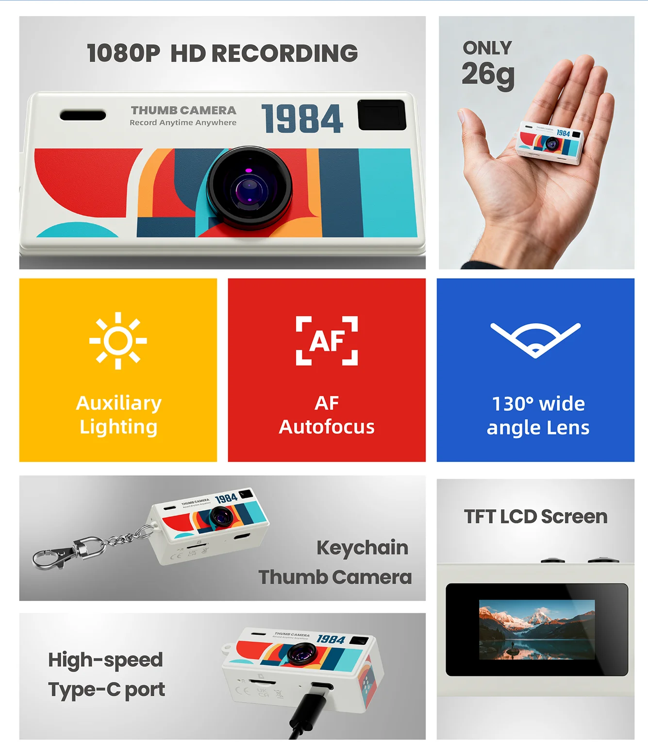 Portable Mini Thumb Camera 1080P FHD – 130° Wide-Angle, Autofocus, Fill Light, TFT LCD Screen