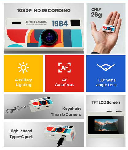 Portable Mini Thumb Camera 1080P FHD – 130° Wide-Angle, Autofocus, Fill Light, TFT LCD Screen