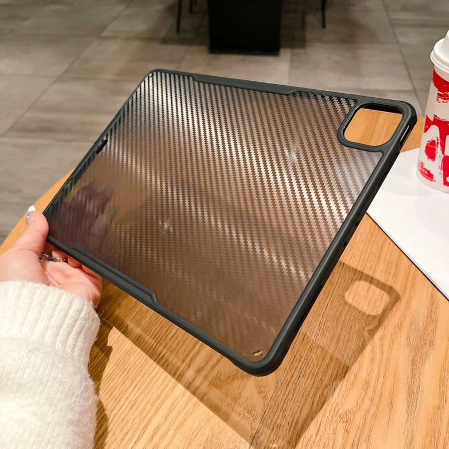 Carbon fiber shockproof iPad case by R.E.D. Shopping, hard cover for iPad Air, Pro, Mini, 3rd-10th Gen, protective tablet accessory.