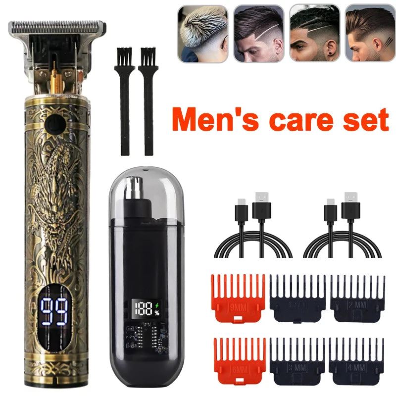 R.E.D. Shopping men's grooming set with nose and ear hair trimmer and T9 hair clipper, USB rechargeable, shown with grooming tools.