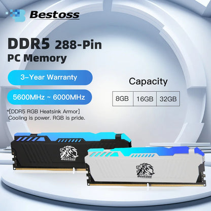 Bestoss DDR5 RGB RAM – 16GB / 32GB Kit | 5600MHz 6000MHz | XMP 3.0 Desktop Memory
