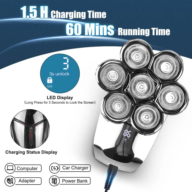 DUTRIEUX 5-in-1 7D Head Shaver for Men – Cordless, Wet & Dry, LED Display, Waterproof, Grooming Kit