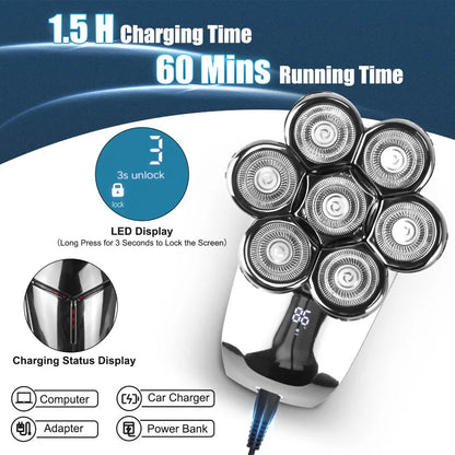 DUTRIEUX 5-in-1 7D Head Shaver for Men – Cordless, Wet & Dry, LED Display, Waterproof, Grooming Kit