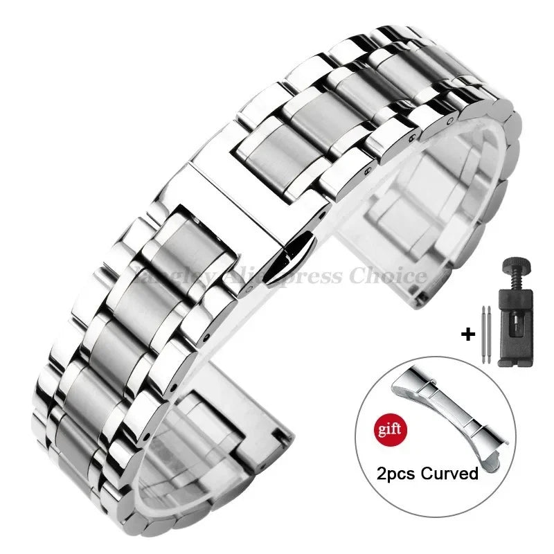 Curved End Solid Stainless Steel Watch Strap – Universal 12–24mm with Butterfly Clasp