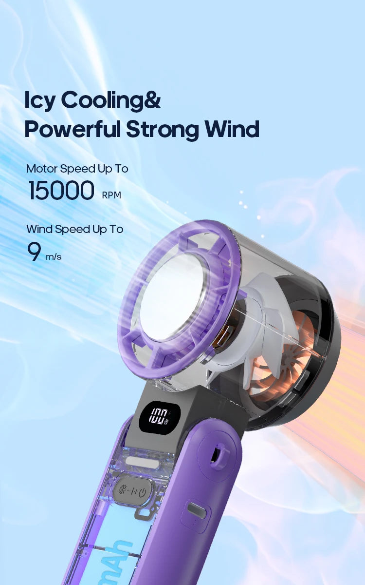 KINSCOTER Foldable Handheld Fan – 3600mAh, 100-Speed, Ice Cooling