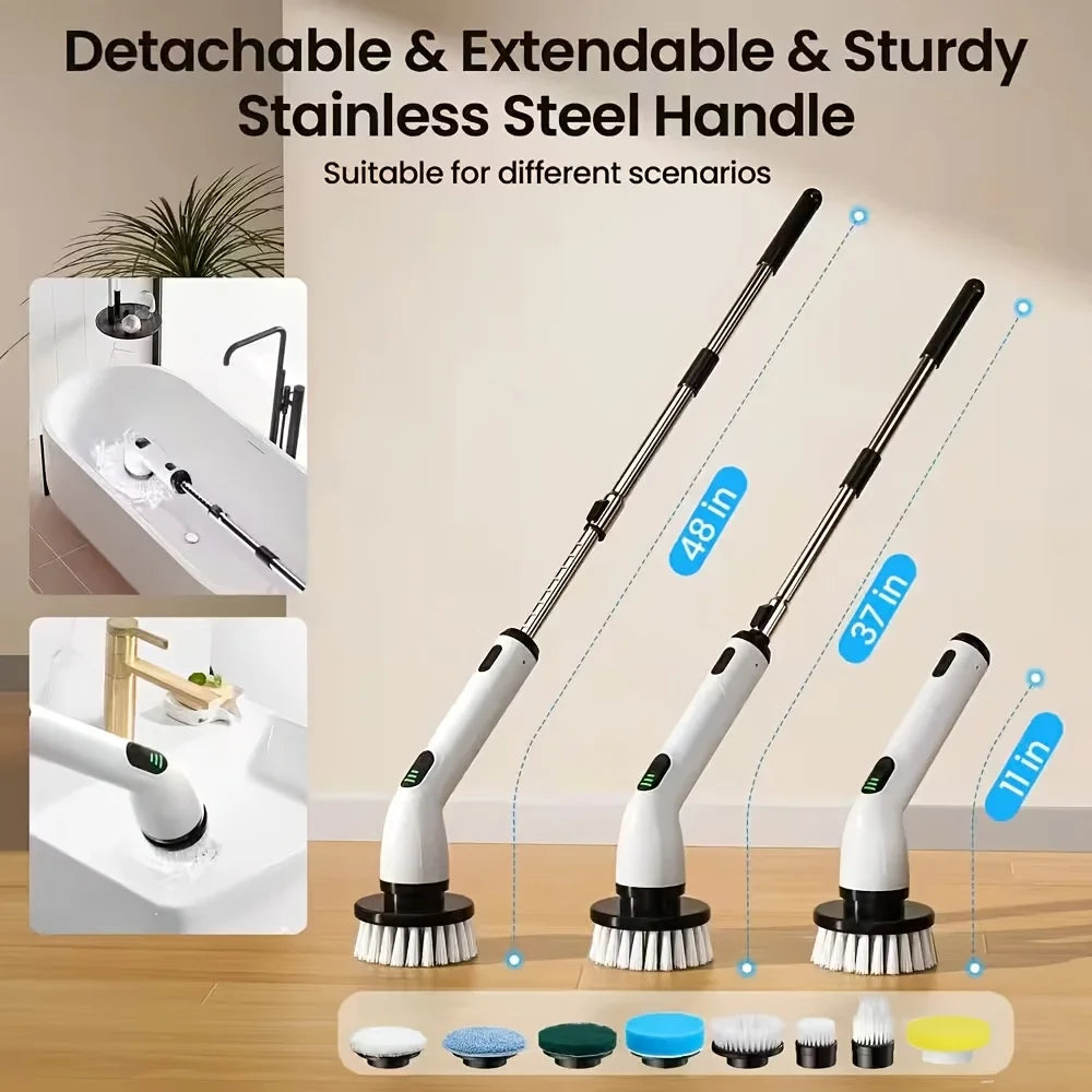 DIAMRI 9-in-1 USB Rechargeable Electric Cleaning Brush – Telescopic Handle, 8 Brush Heads, for Home & Car