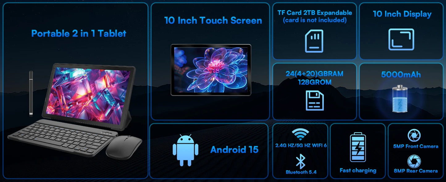 URAO 10" Android 15 Tablet – 24GB RAM, 128GB+1TB, WiFi 6, 8MP Camera, Bundle Set