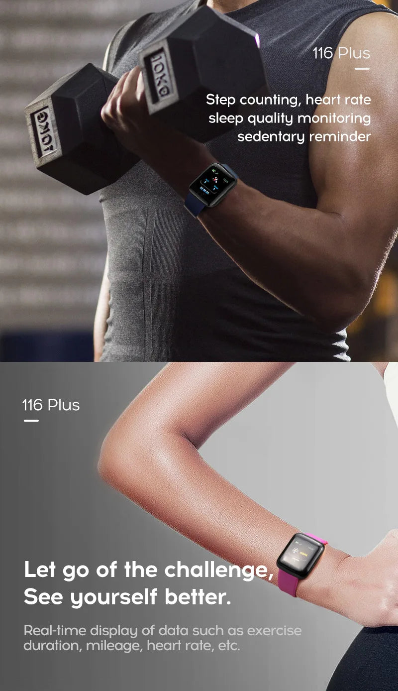 R.E.D. Shopping 116Plus Smart Watch showing digital display with fitness tracker icons, heart rate monitor, and sleep tracking features