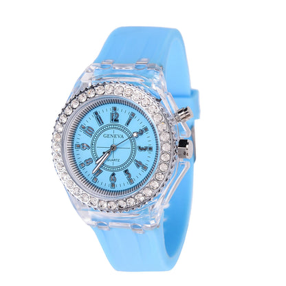 LED Flash Luminous Watch with rhinestones on silicone band, stylish wristwatch for kids and adults, by R.E.D. Shopping