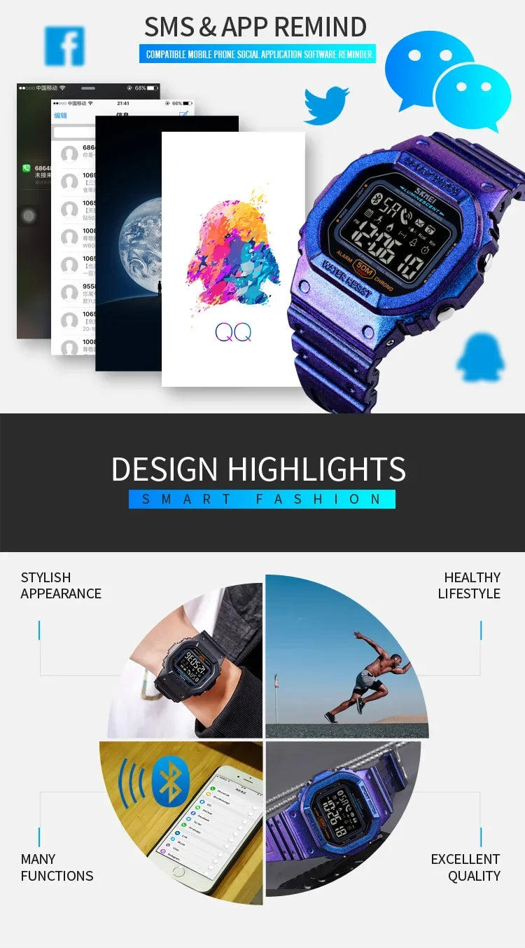 SKMEI 1629 Bluetooth Sport Digital Watch – Pedometer, Calorie Tracker for iPhone, Huawei, Xiaomi