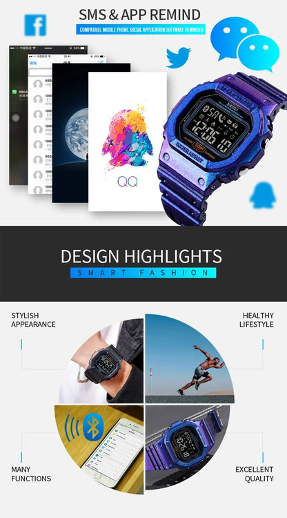 SKMEI 1629 Bluetooth Sport Digital Watch – Pedometer, Calorie Tracker for iPhone, Huawei, Xiaomi