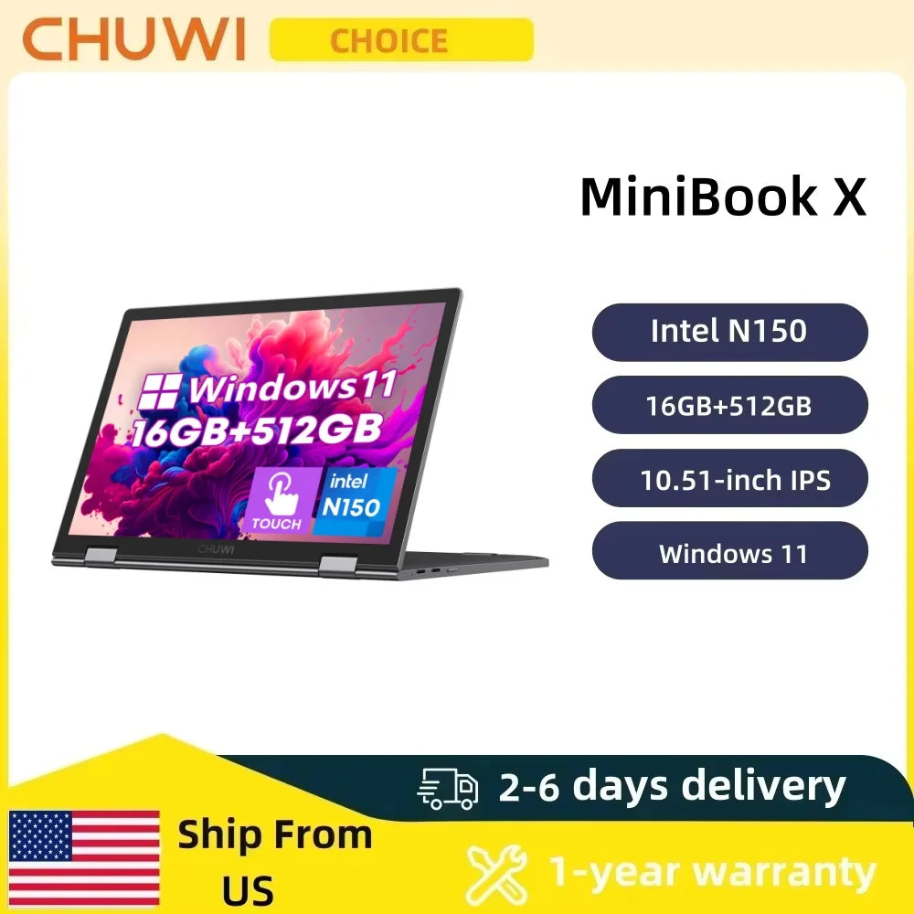 CHUWI MiniBook X 2-in-1 Touch Laptop – 10.51" 2K IPS, Intel N150, 16GB RAM, 512GB, Windows 11 (US)