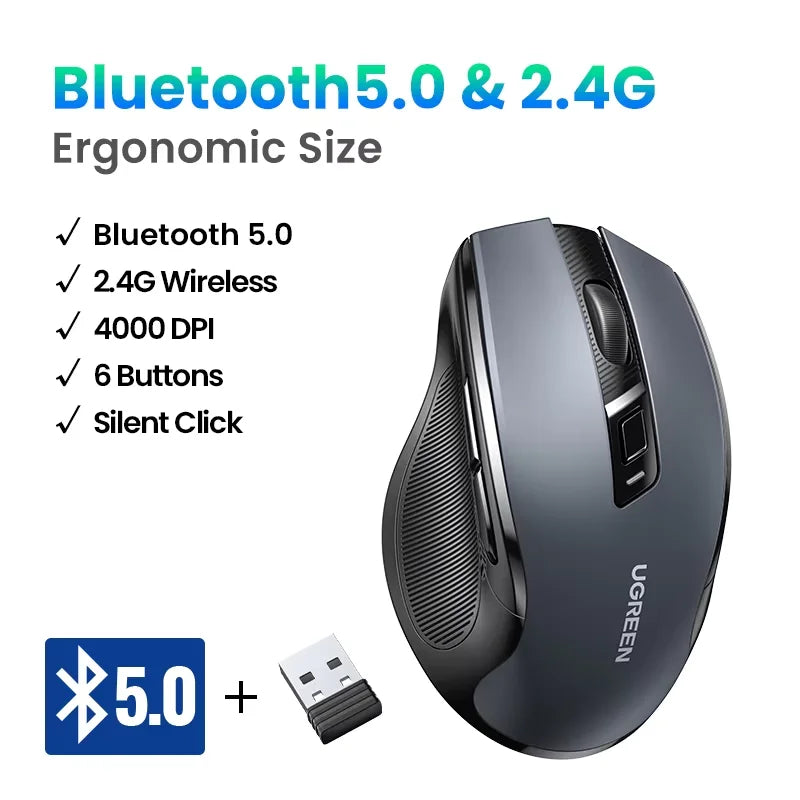 UGREEN MU006 Wireless Mouse – BT5.0 & 2.4G, 4000 DPI, 6 Silent Buttons, Ergonomic for MacBook & PC