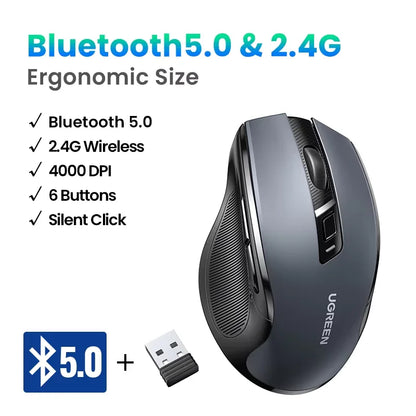 UGREEN MU006 Wireless Mouse – BT5.0 & 2.4G, 4000 DPI, 6 Silent Buttons, Ergonomic for MacBook & PC