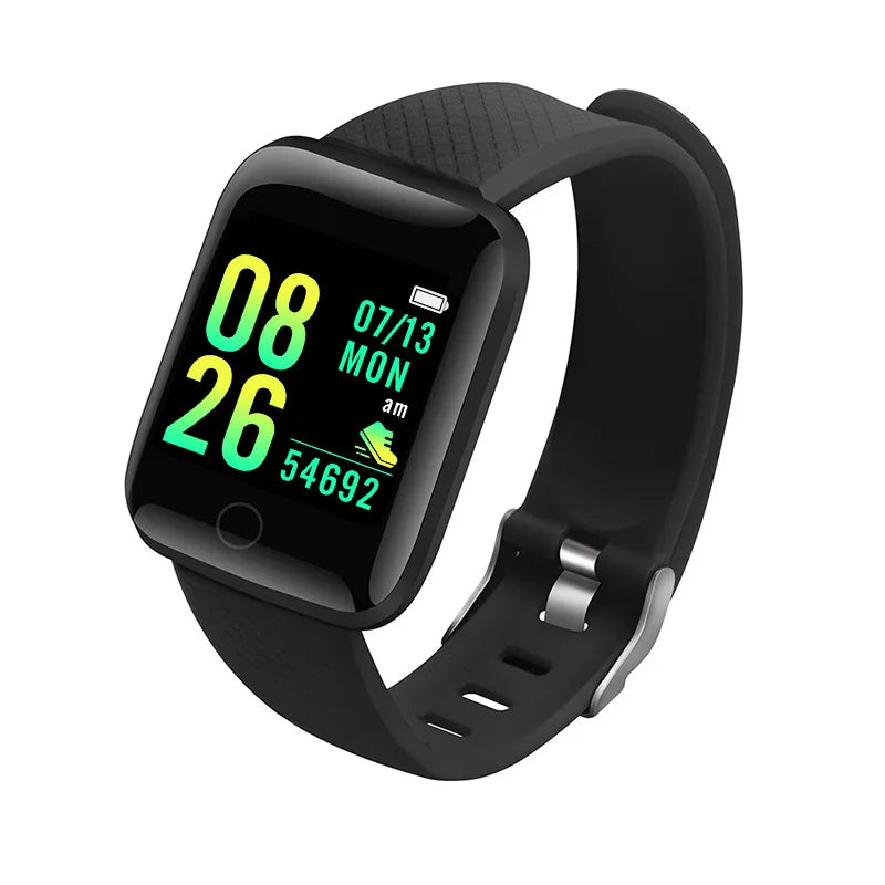 R.E.D. Shopping smartwatch displaying message notifications and fitness stats on a sleek black wearable for Android and iOS.
