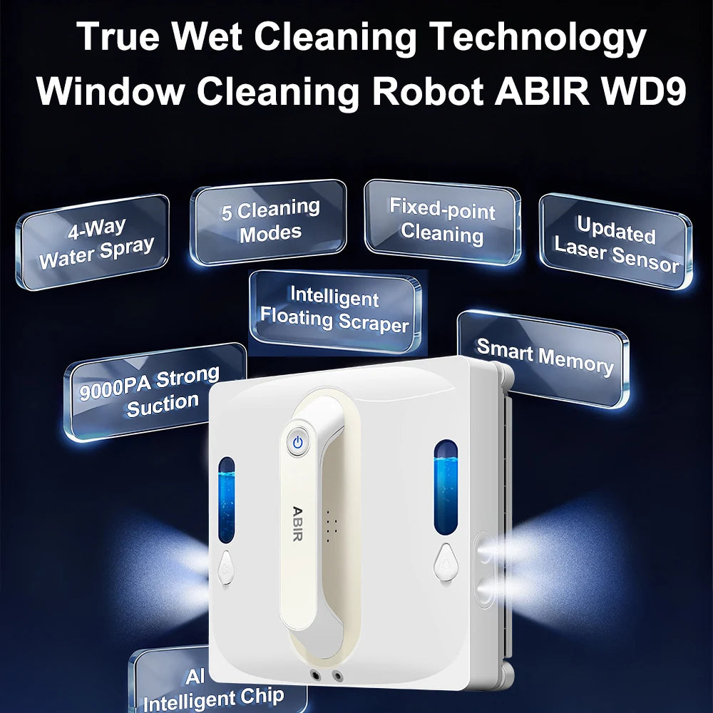 ABIR WD9 Robot Window Vacuum Cleaner – 9000Pa, 4-Way Water Spray, Laser Sensor, Wet & Dry
