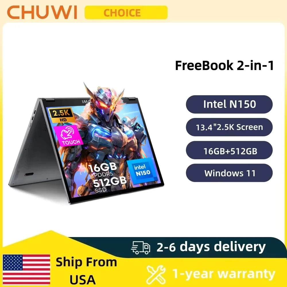 CHUWI FreeBook 2-in-1 Laptop – Intel N150, 13.4" 2.5K Touch, 16GB LPDDR5, 512GB SSD, WiFi 6, BT 5.2