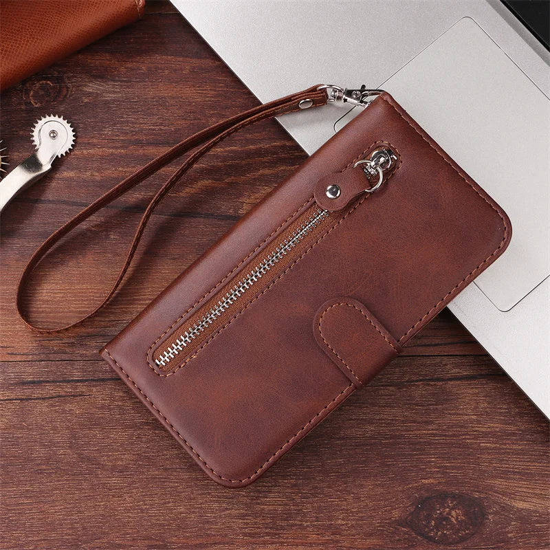 R.E.D. Shopping iPhone 16 Plus zipper wallet case with card slots, magnetic stand, and leather cover for mobile protection and convenience.