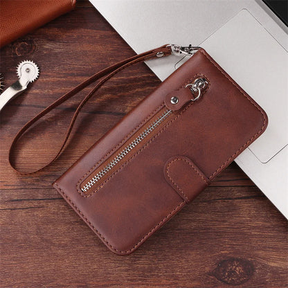 R.E.D. Shopping iPhone 16 Plus zipper wallet case with card slots, magnetic stand, and leather cover for mobile protection and convenience.