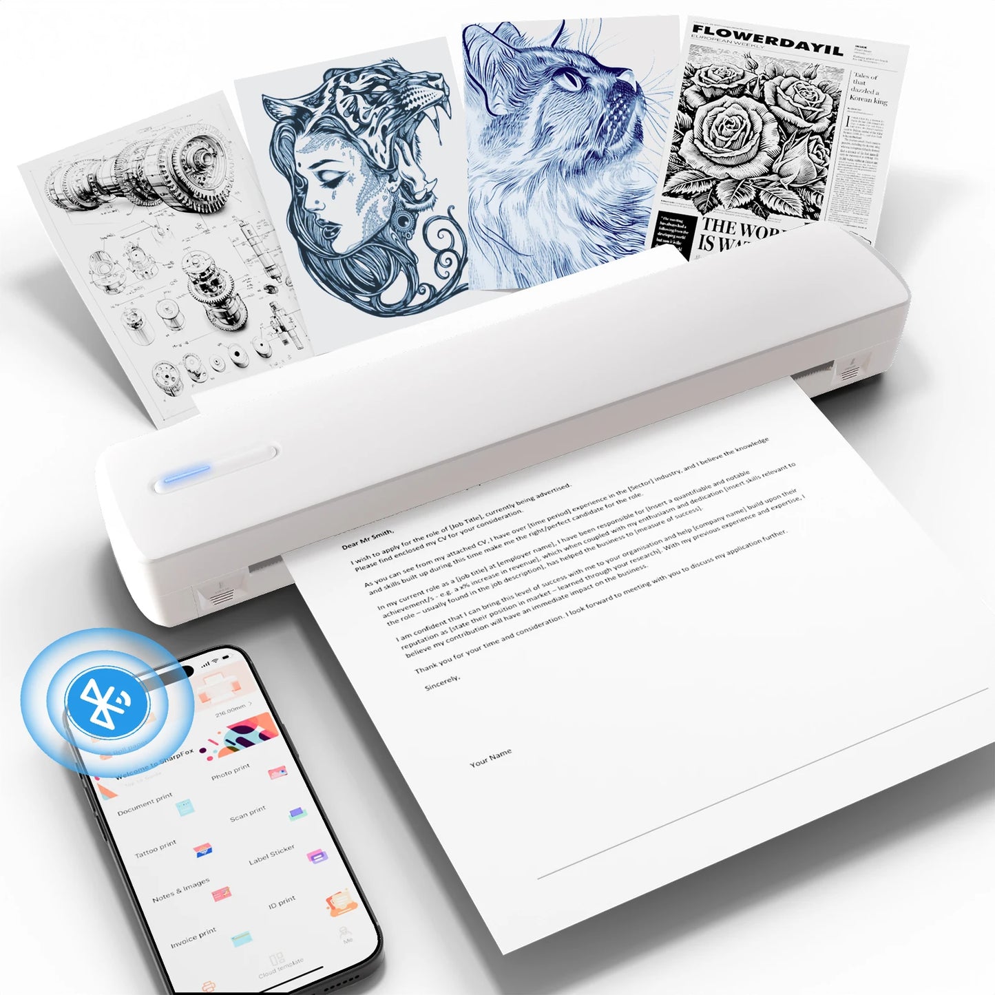 Portable A4 Wireless Inkless Thermal Printer – Bluetooth, 300DPI, 20ppm, Android & iOS